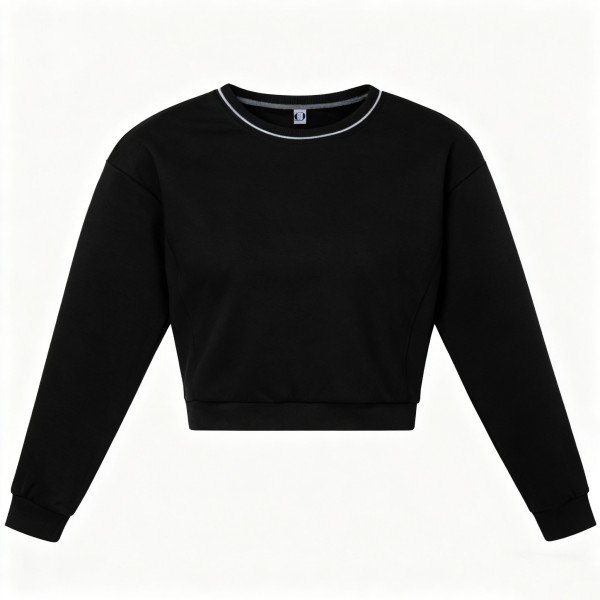 Women's Black Cropped Crew Neck Sweatshirt - Trendy Casual Pullover