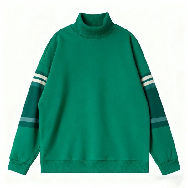Men's Green Turtleneck Sweatshirt with Striped Sleeves - Retro-Inspired Casual Pullover