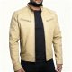 Men's Beige Leather Jacket, Stand Collar Zip-Up Design