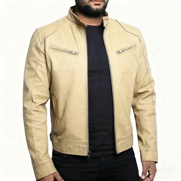 Men's Beige Leather Jacket, Stand Collar Zip-Up Design