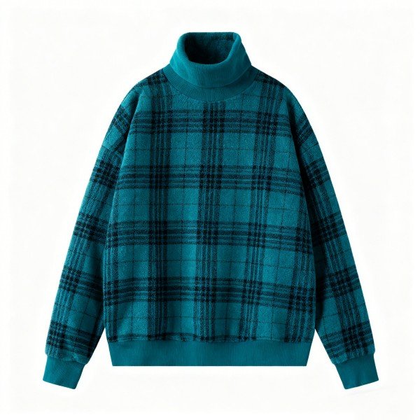 Men's Teal Plaid Turtleneck Sweatshirt - Warm Casual Pullover
