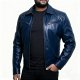 Men's Navy Blue Leather Jacket, Zip-Up with Chest Pockets