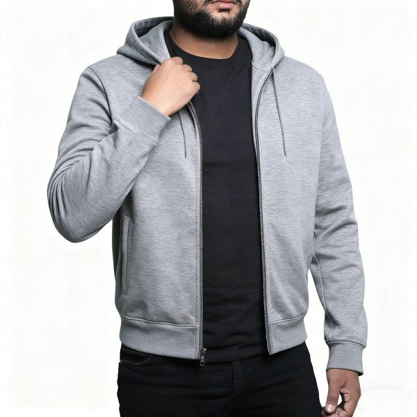 Men's Gray Zip-Up Hoodie, Casual with Drawstrings